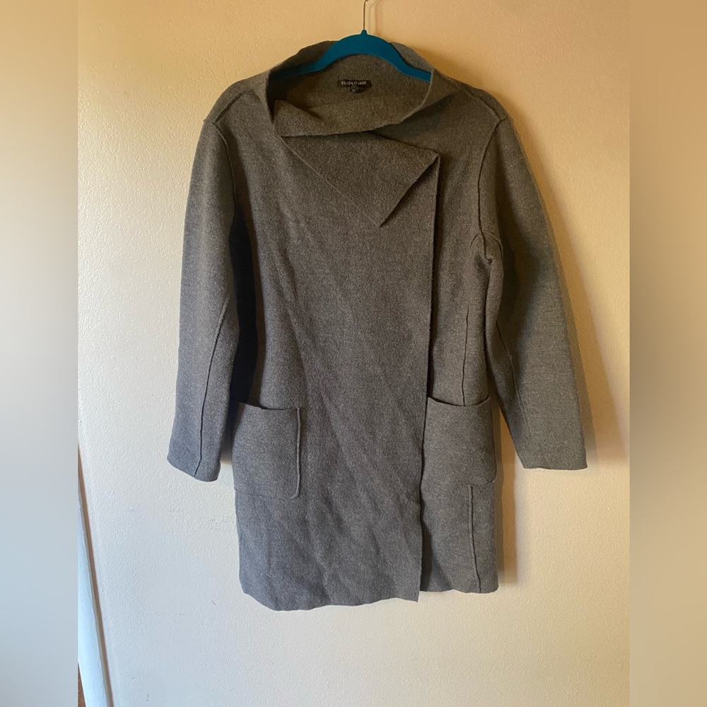 Eileen Fisher grey wool coat lagenlook artsy size xsmall oversized